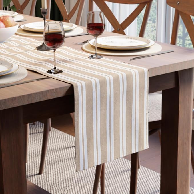 Encasa XO Table Runner, Woven Cotton Dining Runner 13"x104" Franca Beige Stripes by EncasaXO