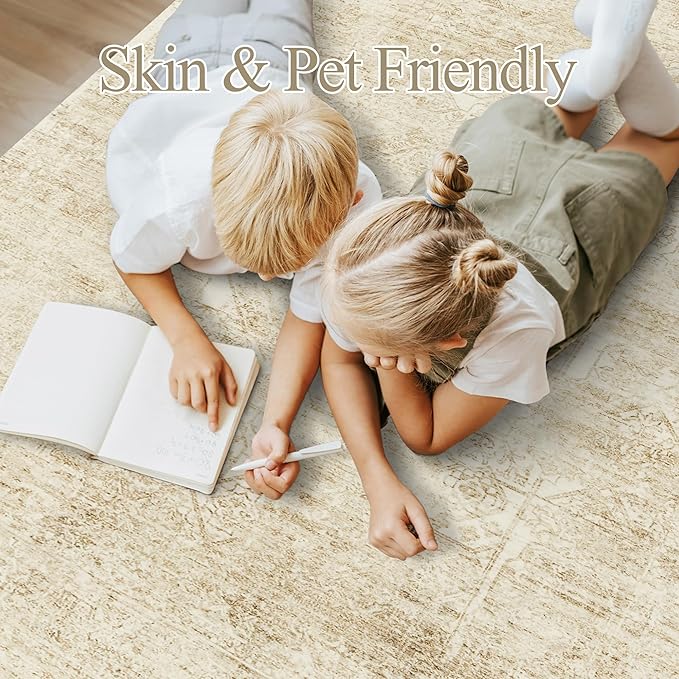 Soalmost 5x7 Area Rugs Beige Low Pile Indoor Washable Trendy Faded Style Floral - Image 4