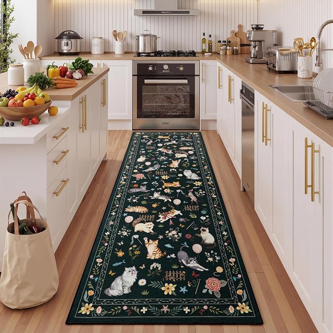 Unirea 2x6 Black Cat Runner Rug, Washable Non Slip Botanical Rug - Image 3