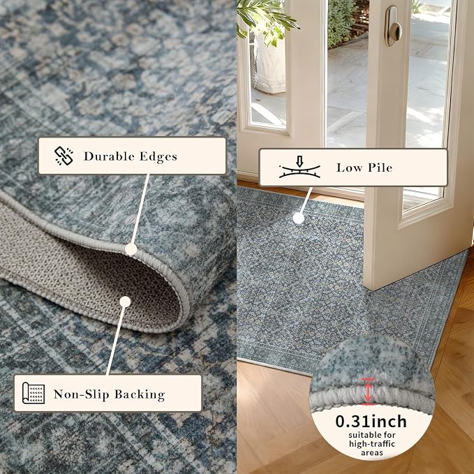 Latte&Fog 5x7 Area Rugs for Living Room, Vintage Blue Washable Rug, Boho Floral - Image 7