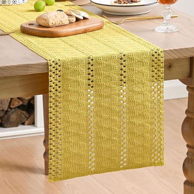 Artoid Mode Yellow Woven Farmhouse Hollow Table Runner 12x120 Inch | Holiday - Image 2