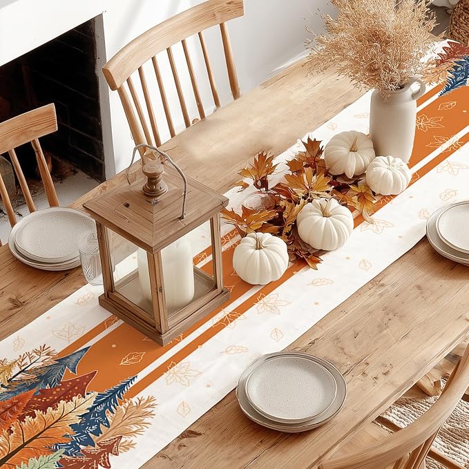 Fall Watercolor Trees & Maple Leaves Striped Table Runner 13x108 Inch, Rustic - Image 8