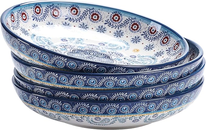Bico Blue Talavera Pasta Bowls, 35oz Salad Bowl Set of 4, Large Ceramic Serving by Bico