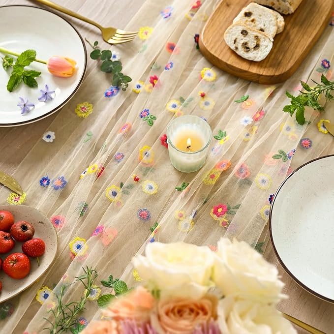 Artoid Mode 3PCS Champagne Embroidery Daisy Gauze Table Runner 120Inch 10FT | - Image 3
