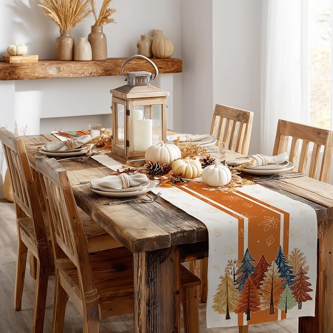 Fall Watercolor Trees & Maple Leaves Striped Table Runner 13x90 Inch, Rustic - Image 5