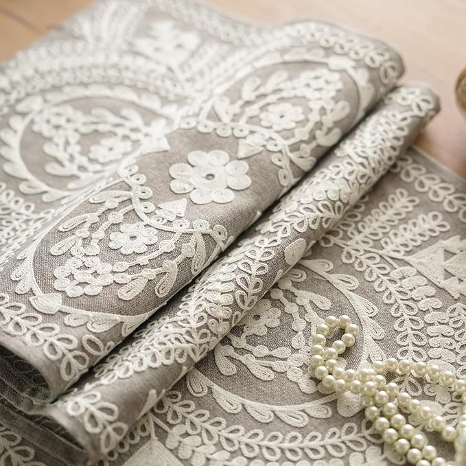 Extra Long Table Runner Embroidered Dresser Scarf, 4 Tassel Pendants, Layered - Image 5
