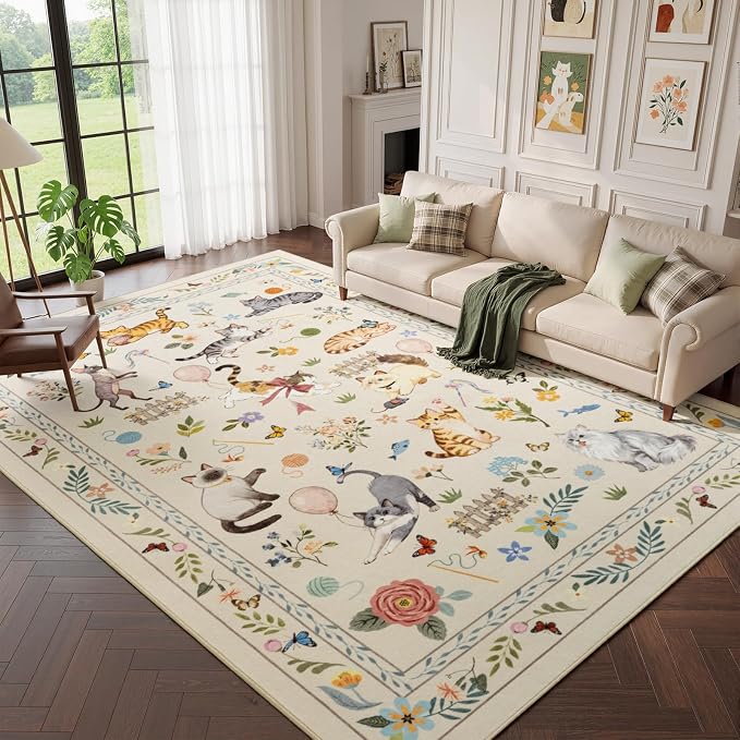 Unirea 9x12 Beige Cat Area Rug for Living Room, Large Soft Washable Kids Rug by UNIREA
