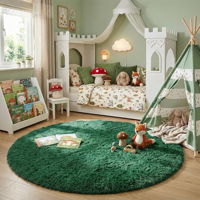 Amdrebio Dark Green Fluffy Round Rugs 5Ft - Image 3
