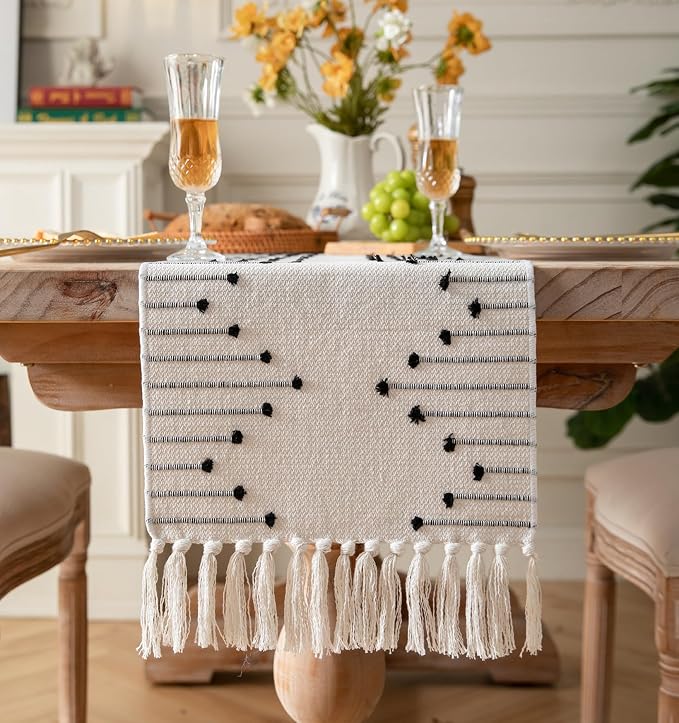 Boho Table Runner 13 x 90 Inch Long Natural Cotton Woven Runner by Caflife