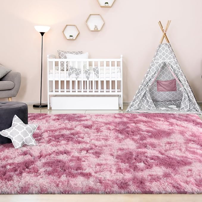 FlyDOIT Large Area Rugs for Living Room, 4x6 Feet Tie-Dyed Blush Shaggy Rug - Image 4