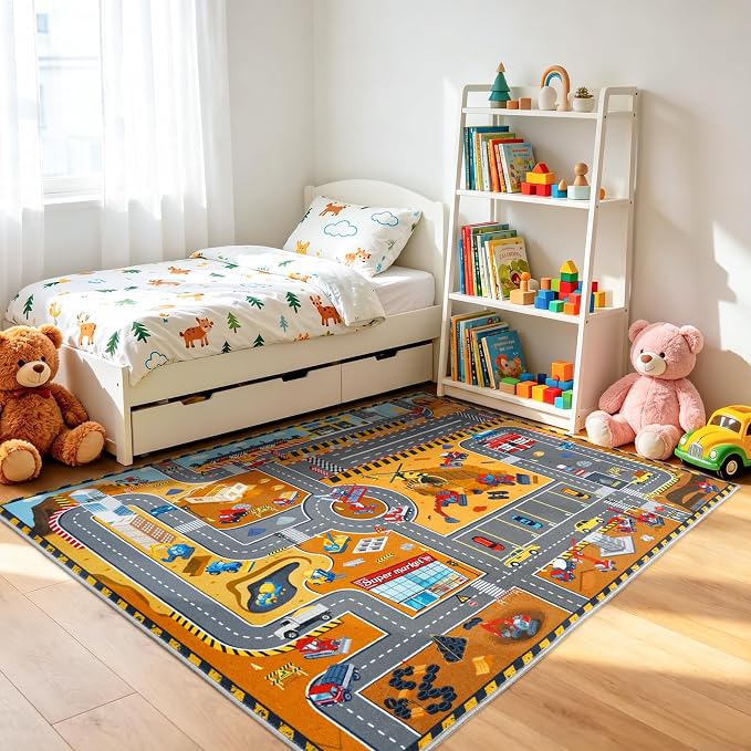 Kids Room Rug 5x7 Ft, Washable Soft Construction Site Road Map Rug, Non-Slip - Image 5
