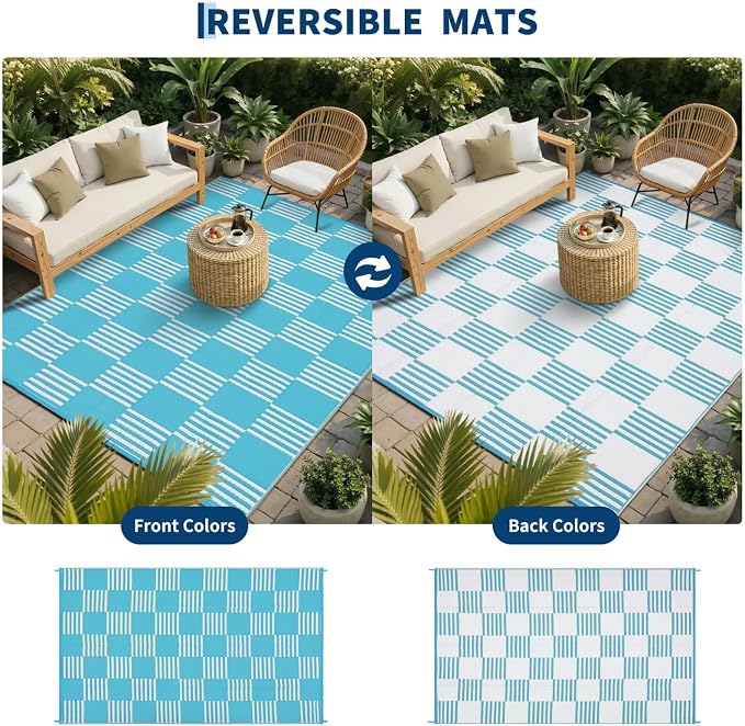 Garvee Waterproof Outdoor Rug 8x10, Checkered Foldable Plastic Straw Patio - Image 3