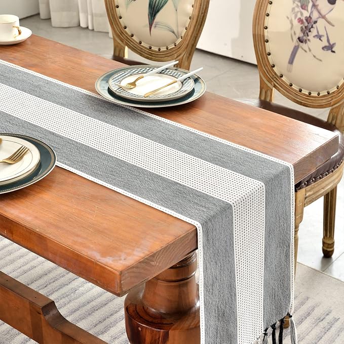 Wracra Linen Table Runner, Stripe Table Runners 90 Inches Long Black | Delicate - Image 6