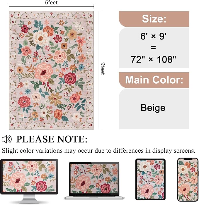 DUKINO 6x9 Area Rug, Floral Rugs - Image 2