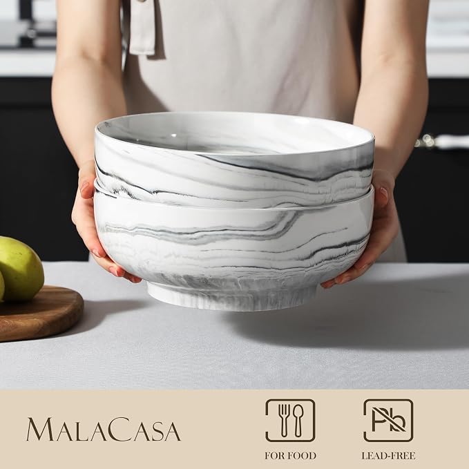 MALACASA Large Serving Bowls, 114 OZ Ceramic Salad Bowls Set of 2 | Marble Grey - Image 3