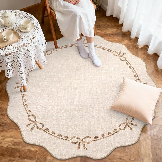 GarveeHome Scalloped Bow Rug for Living Room, 6ft Round Rugs Washable Solid - Image 3