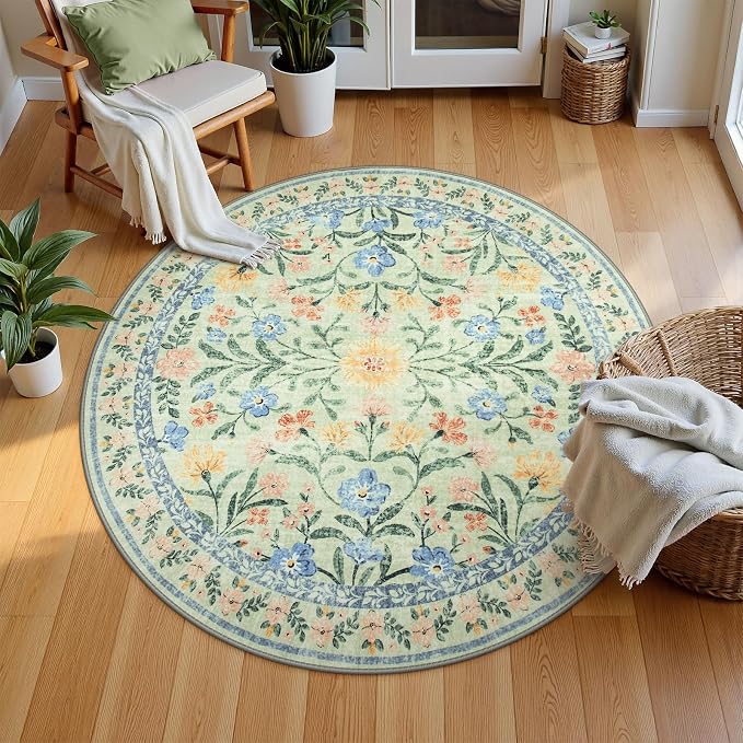 Wonnitar Washable Floral Round Rug, 6ft Sage Green Round Area Rugs - Image 7