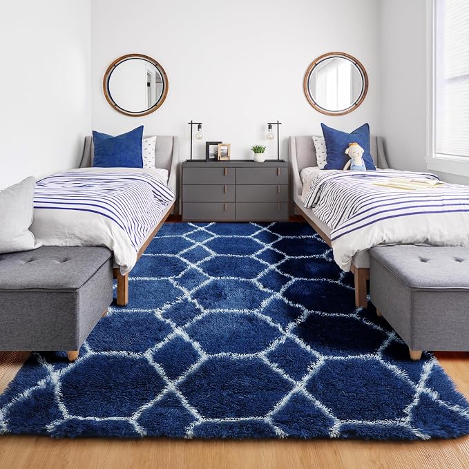 ONASAR Geometric Area Rugs 5x8 for Living Room, Fluffy Moroccan Navy and White - Image 7