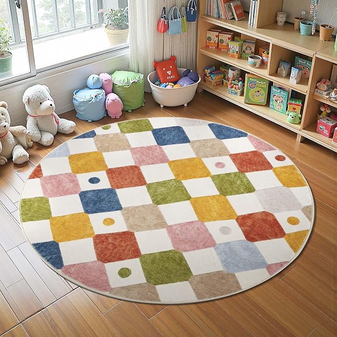 jinchan Macy 5ft Round Rug for Kids Room Modern Colorful Checkered Diamond by JINCHAN