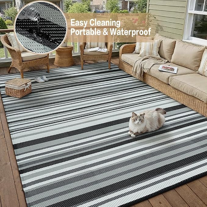 Outdoor Plastic Straw Rug Waterproof Patio 9x12 Black White Stripe Mat - Image 5