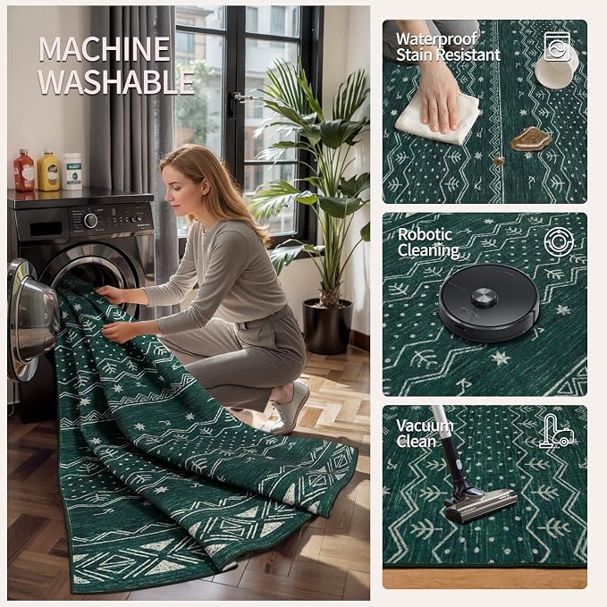 SERISSA 2x5 Kitchen Runner Rug, Washable Non-Slip Dark Green Boho Rug, Soft - Image 3