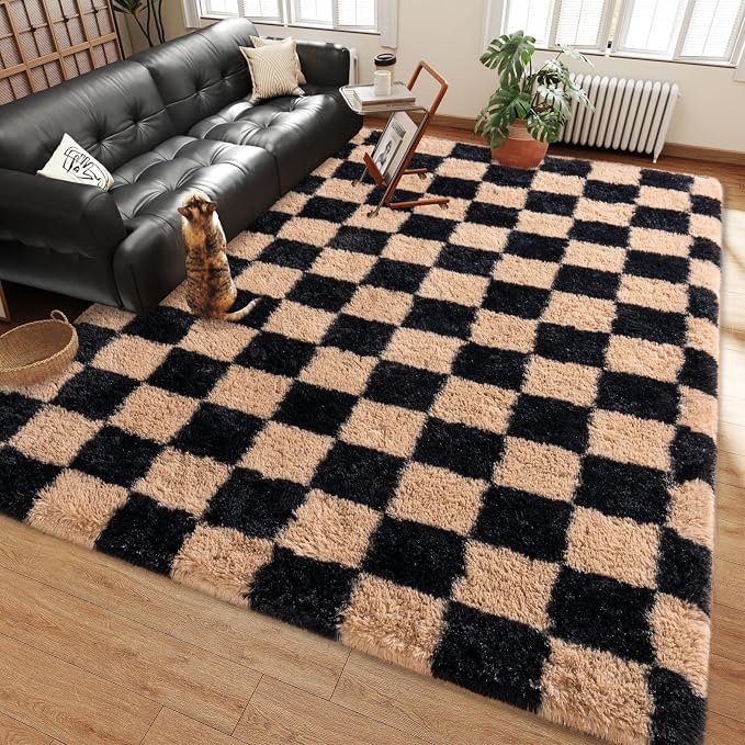 Shag Rugs for Living Room 5x7, Ultra Soft Checkered Black Beige Big Fuzzy Rugs by Ailyei
