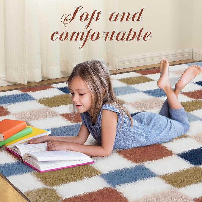 Super Soft Rug for Bedroom, 8x10 Ft Rainbow Area Rug Classic Checkered Shaggy - Image 2
