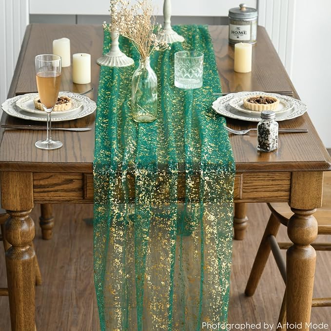 Artoid Mode Green Gold Gauze Table Runner 120 Inch 10FT, Glitter Metallic Foil - Image 5