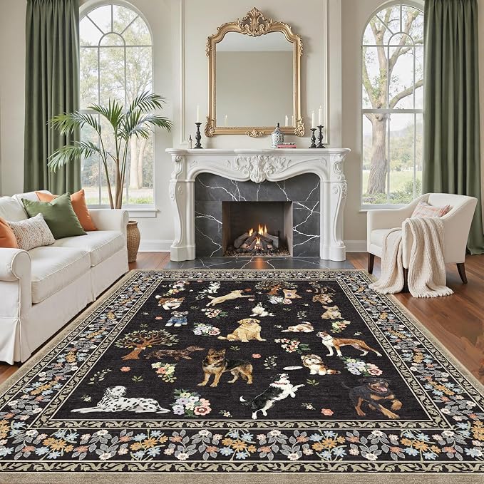 Black Dogs Area Rugs 9x12 Living Room Washable Rug Non Slip Floral Low Pile - Image 3