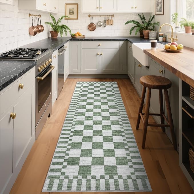 GarveeHome 2×8 Kitchen Runner Rug Non Slip, Sage Green Checkered Rug, Washable by GarveeHome