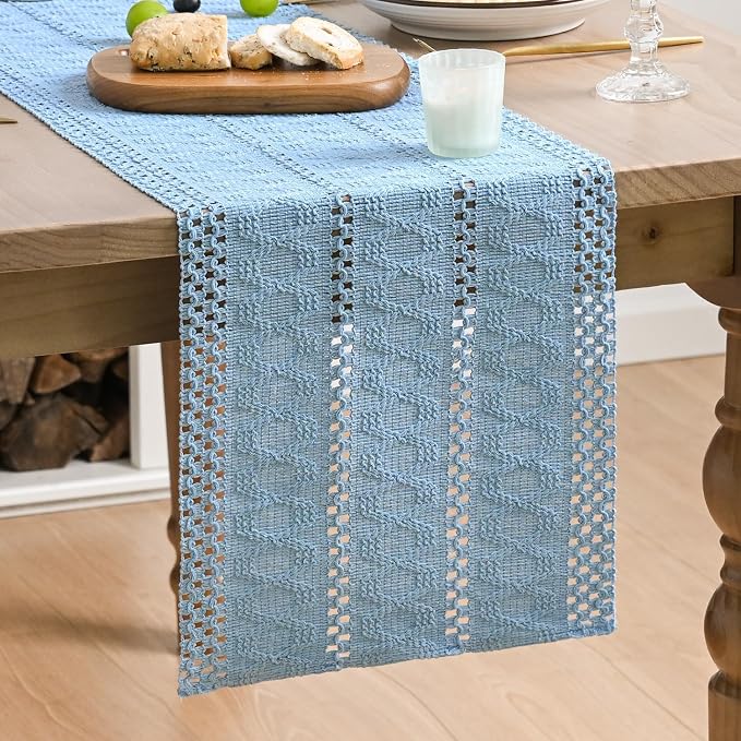 Artoid Mode Sky Blue Woven Farmhouse Hollow Table Runner 12x90 Inch | Holiday - Image 2