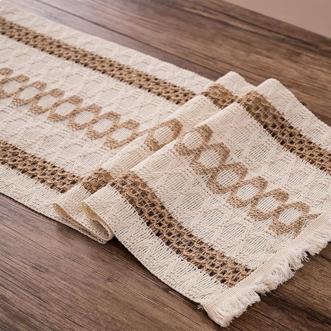 Boho Table Runner with Tassels 12 x 108 Inches Long, Cream & Brown Rustic - Image 6