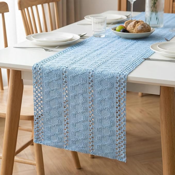 Artoid Mode Sky Blue Woven Farmhouse Hollow Table Runner 12x108 Inch | Holiday - Image 6