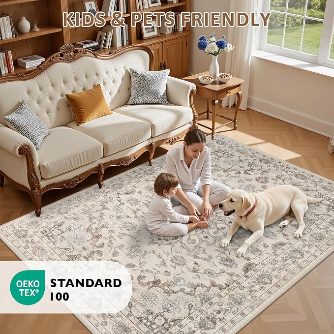 8x10 Area Rugs for Living Room: Washable Rug Soft Vintage Distressed Floral - Image 9