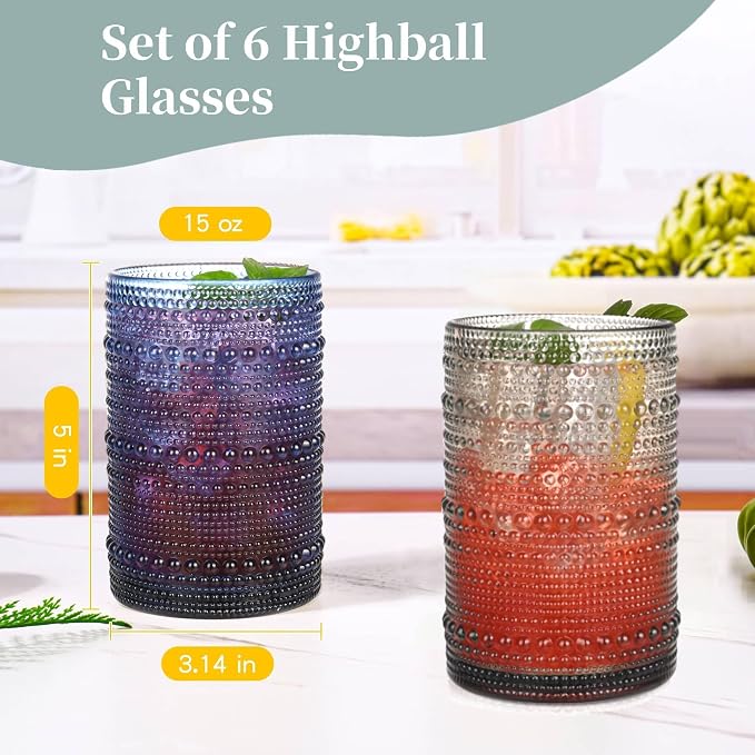 Colored Hobnail Drinking Glasses Set of 6, 15 oz Vintage Highball Glasses - Image 3