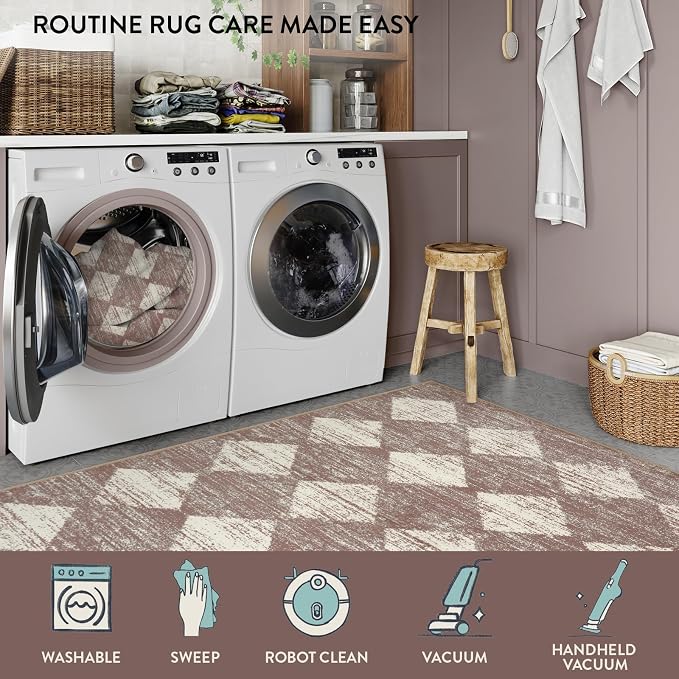 Checkered Runner Rug 2x8 Beige, Hallway Kitchen Bathroom Non Slip Washable - Image 5