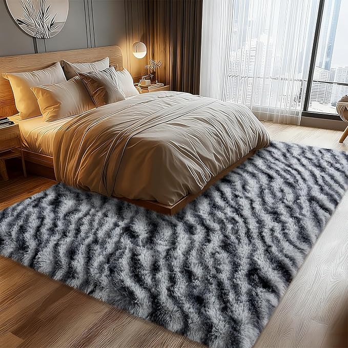 Fluffy Rugs for Bedroom Living Room, 4x6 Feet Zebra Black and White Shag Area - Image 3