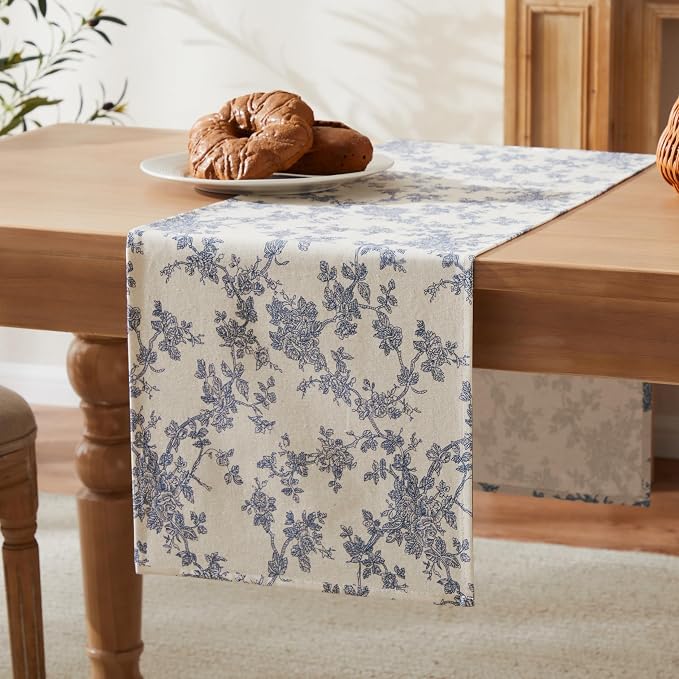 French Pastoral Farmhouse Table Runners, 13x90 Inch Blue | 100% Organic Cotton - Image 7