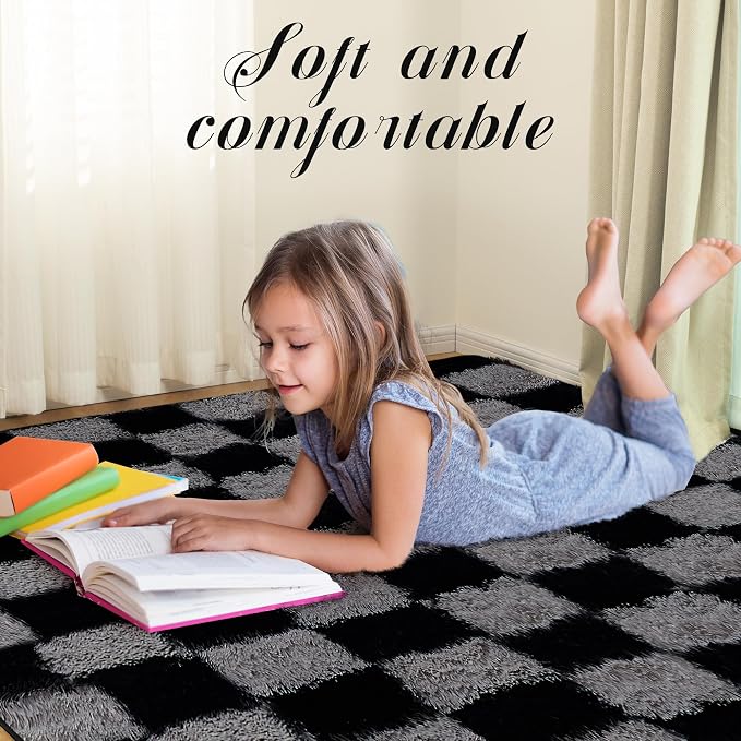 Super Soft Rug for Bedroom, 6x9 Ft Grey and Black Area Rug Classic Checkered - Image 2