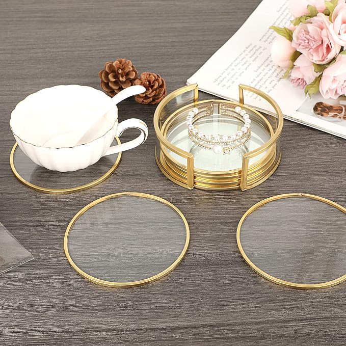JUXYES Set of 8 Gold Brass Clear Glass Round Coaster - Image 3