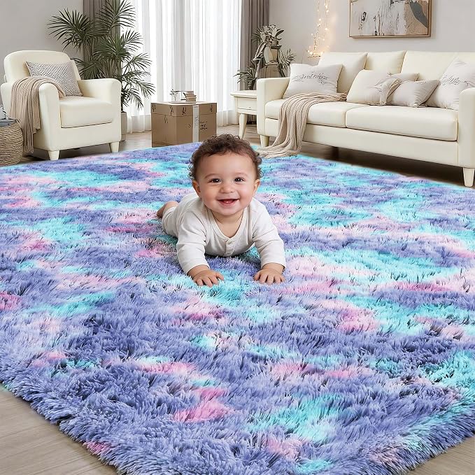 Rainbow Fluffy Rugs for Girls Bedroom: 6x9 Large Shag High Pile Area Rug by PLHXFRSoftAreaRugs