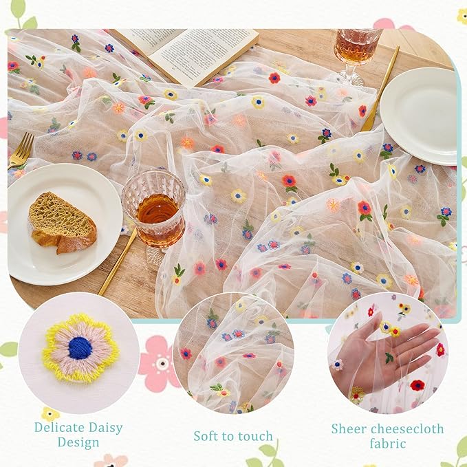 BINBE 3pcs Ivory Daisy Spring Table Runner Embroidery Gauze 10FT Florals - Image 3