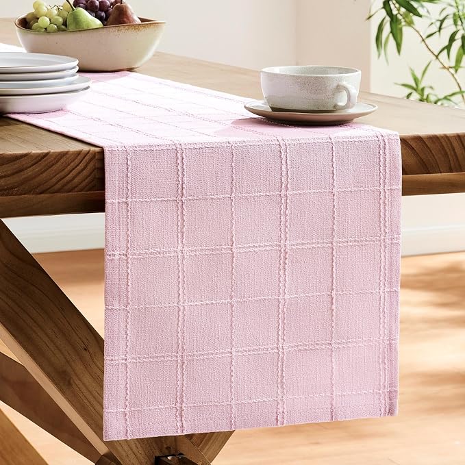 Linen Checked Farmhouse Table Runner, 13x60 Inches Pink | Raised Grid Design - Image 4