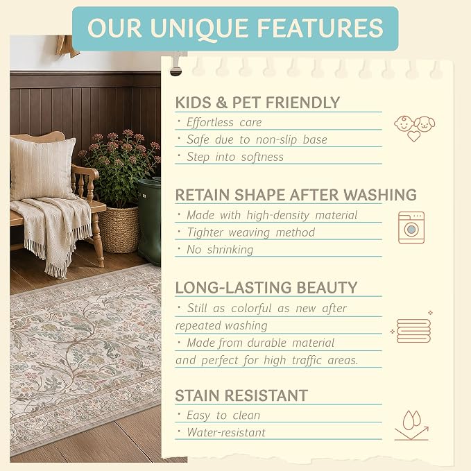 Moss Green 6x9 Area Rug for Dining Room Under Table, Machine Washable Low Pile - Image 5