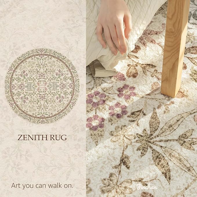 jinchan Zenith Round Rug 6ft Area Rug Soft 6'Round Vintage Floral Rug Non-Slip - Image 2