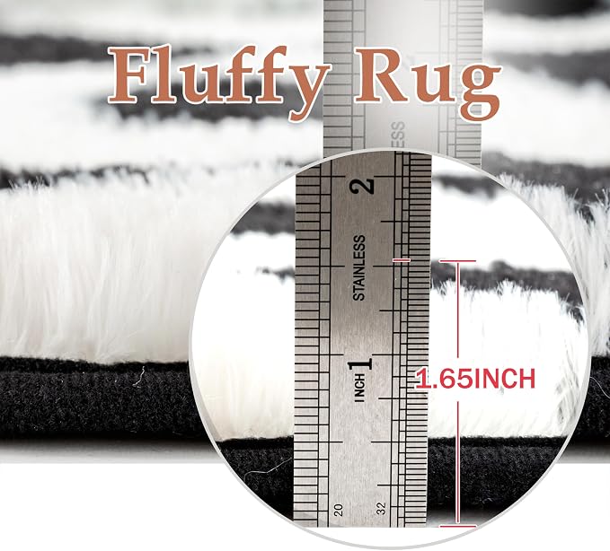 PureCozy Checkered Rug 9x12 Fluffy Shag Living Room Black and White Area Rug - Image 2