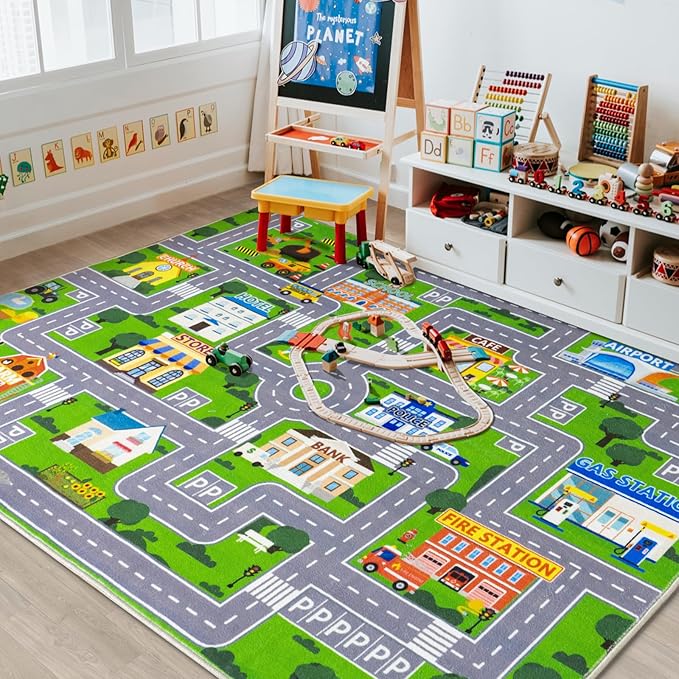 Car Rug Play Mat for Kids Toy Cars, City Road Traffic Playmat for Kid Bedroom by PlumlikHomeDecor