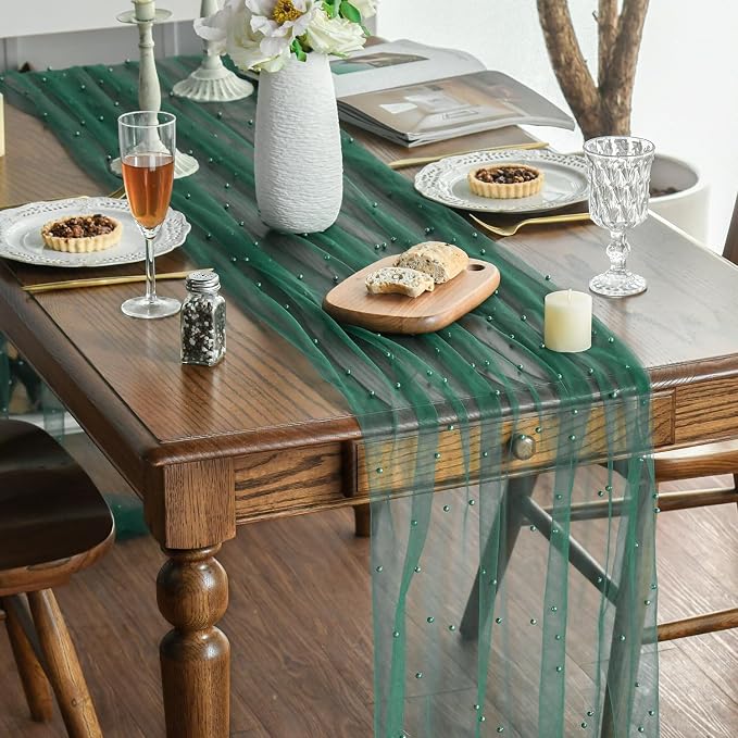 Artoid Mode Pearl Dark Green Gauze Table Runner 120 Inch 10FT, Seasonal Sheer - Image 3