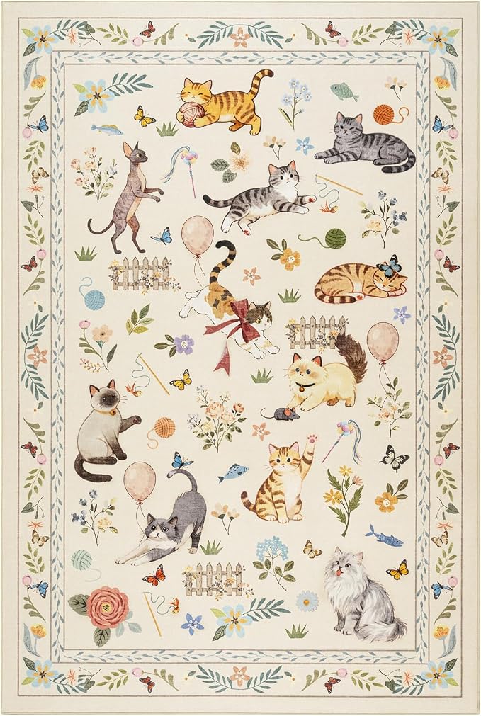 Unirea 4x6 Beige Cat Area Rug for Bedroom, Living Room, Medium Washable Kids Rug - Image 2