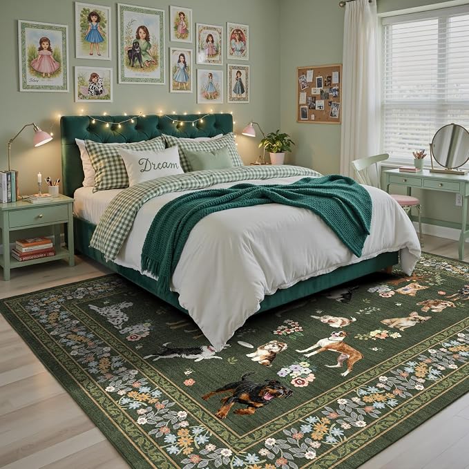 Dogs Area Rugs 9x12 Living Room, Washable Rug Non Slip Floral Low Pile Large Rug - Image 4